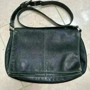 Tignanello Black Pebbled Soft Genuine Leather Purse Shoulder Bag White Stitching